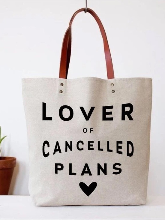 Handbags - Canvas Tote Bag with Brown Leather Handles - Lover of Cancelled Plans